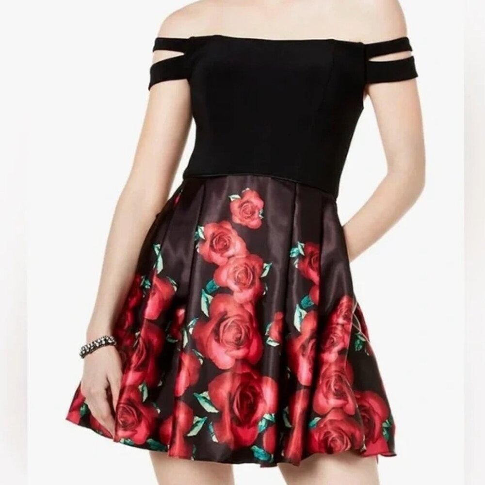 blondie nites by stacy sklar junior 9 fit flare dress red rose off the shoulder